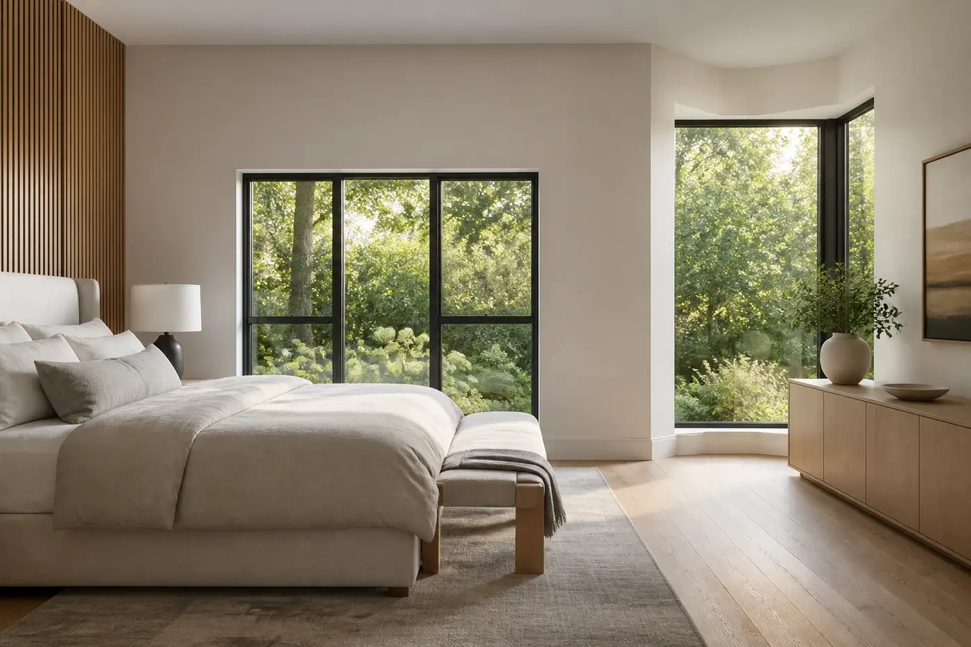 New Charlotte custom-home bedroom with carefully placed garden-facing windows coordinated with the bed and furniture