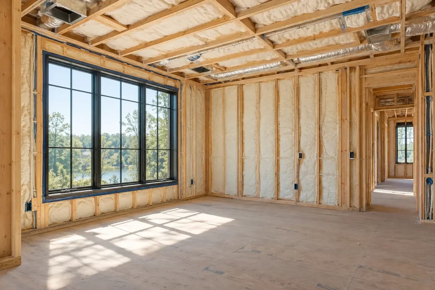 Illustrative luxury custom-home room with insulation and service routes visible before drywall