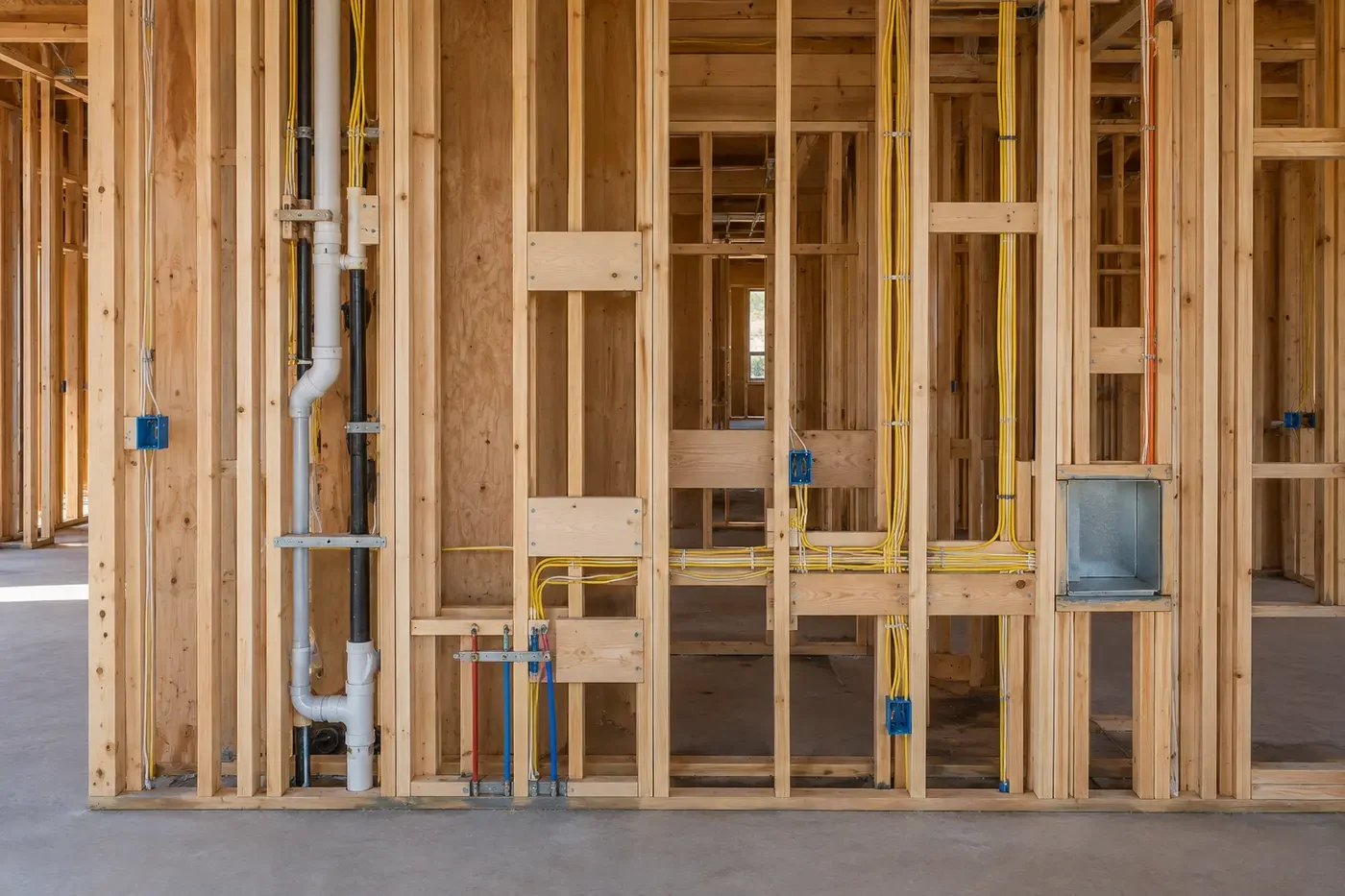 Illustrative framed custom-home wall with coordinated electrical and plumbing rough-ins before drywall