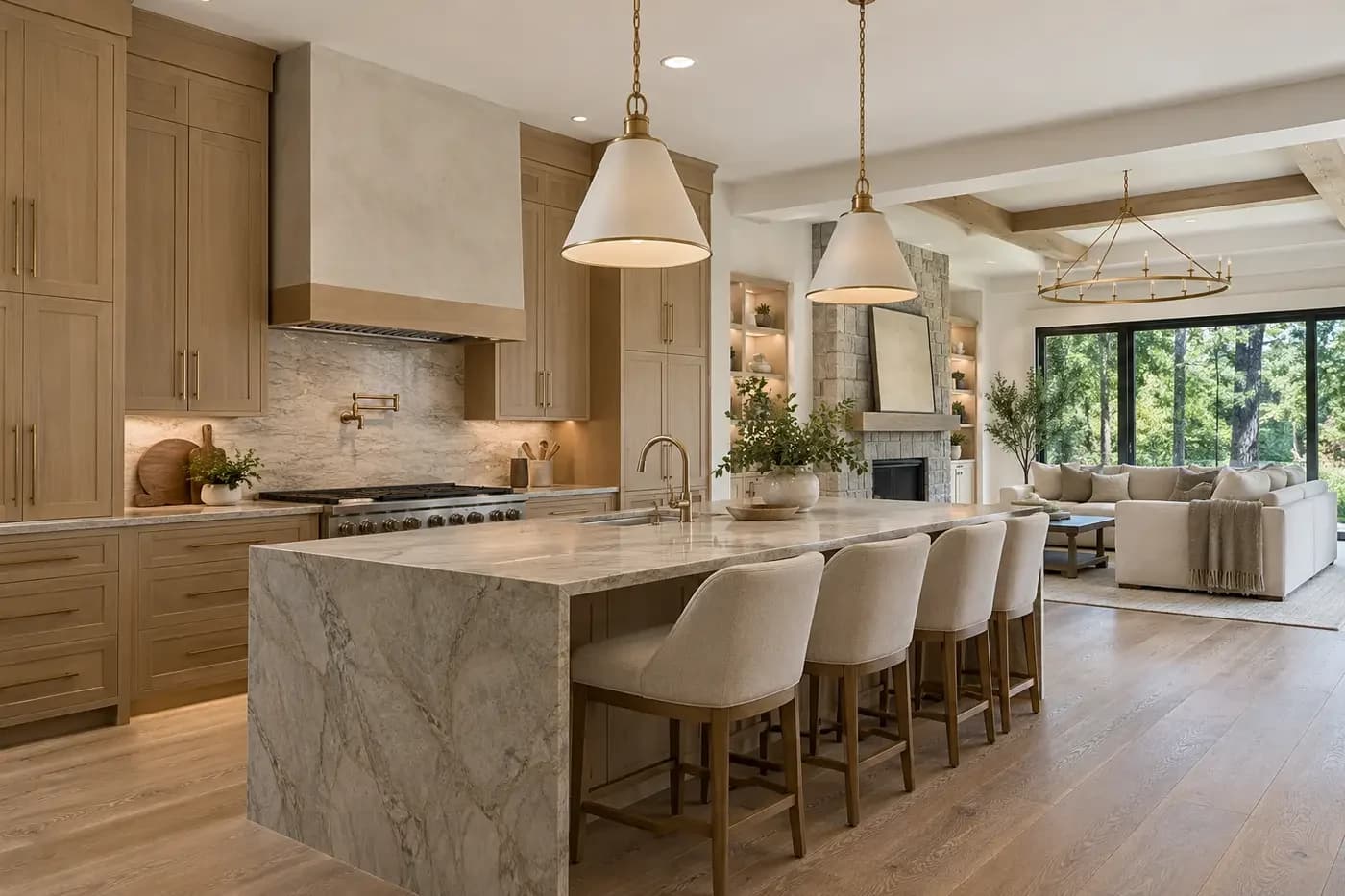 AI-generated representative custom-home kitchen showing coordinated cabinetry, stone, lighting, and appliances