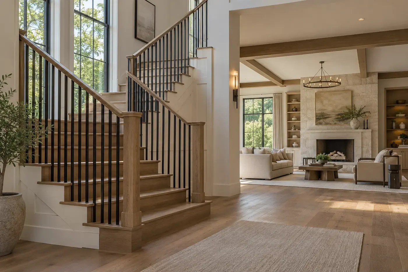 AI-generated representative custom-home stair hall and great room with coordinated finishes
