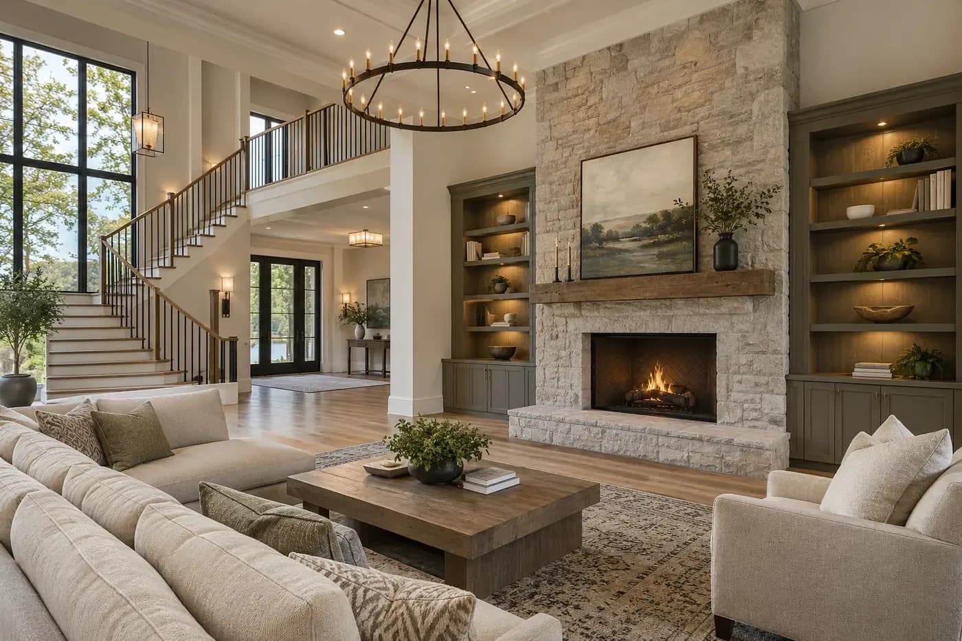 AI-generated representative great room with coordinated stair, railing, stone fireplace, millwork, and lighting