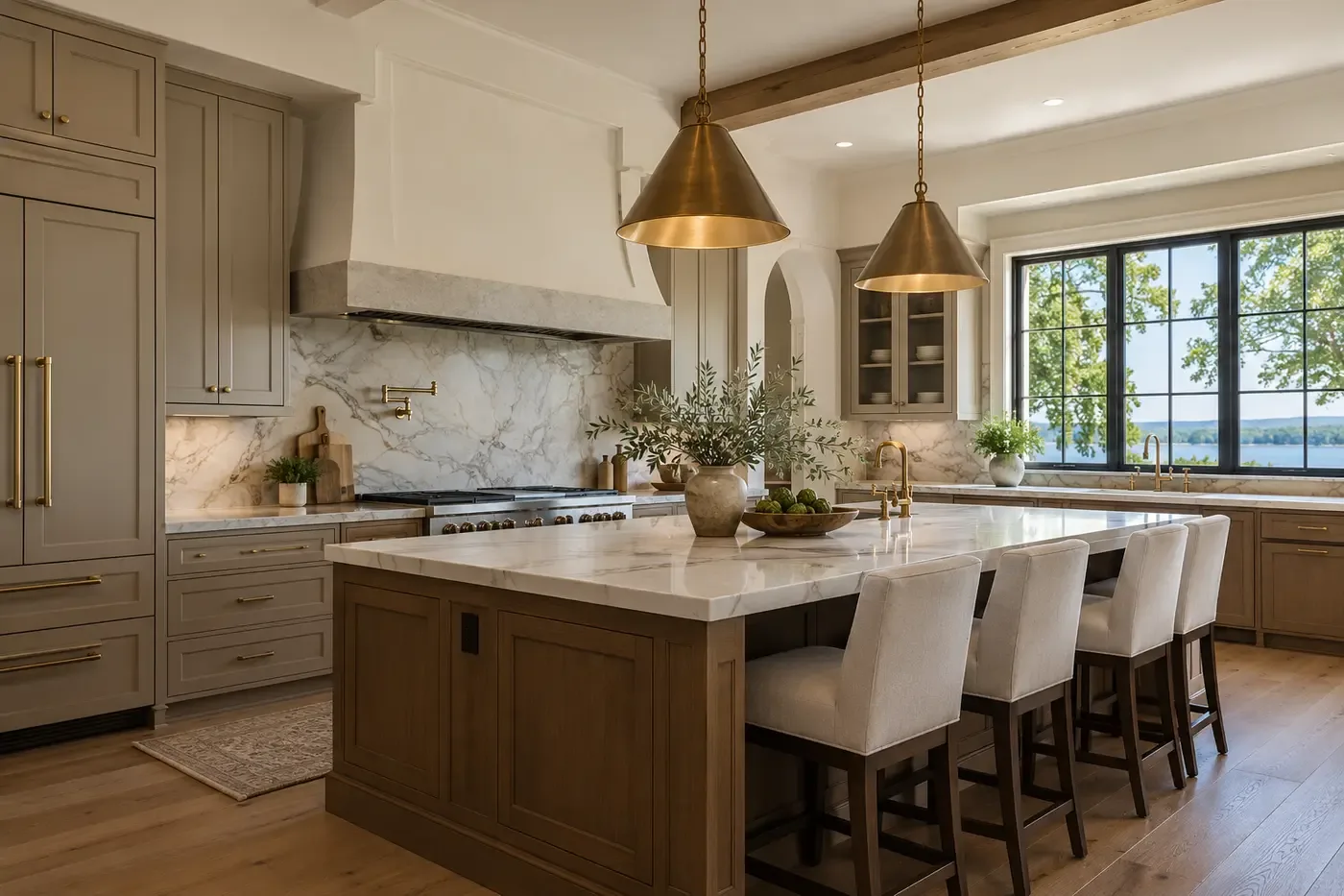 AI-generated representative custom-home kitchen with coordinated cabinetry, appliances, lighting, and stone surfaces