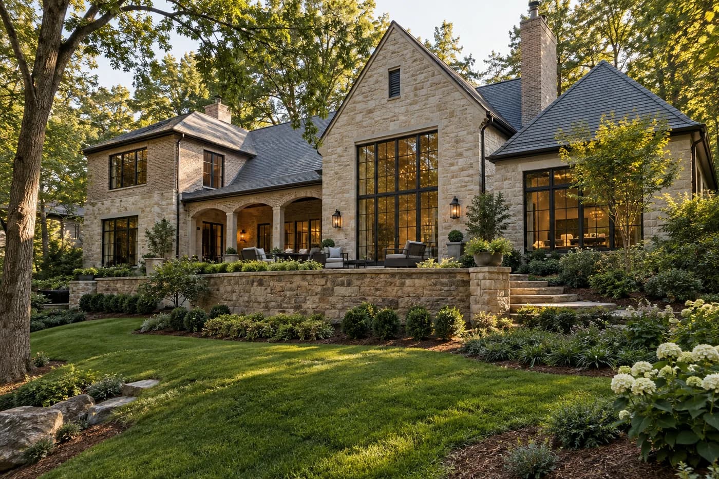 Illustrative Charlotte-area custom home with coordinated terrace, retaining wall, foundation, and finished grade