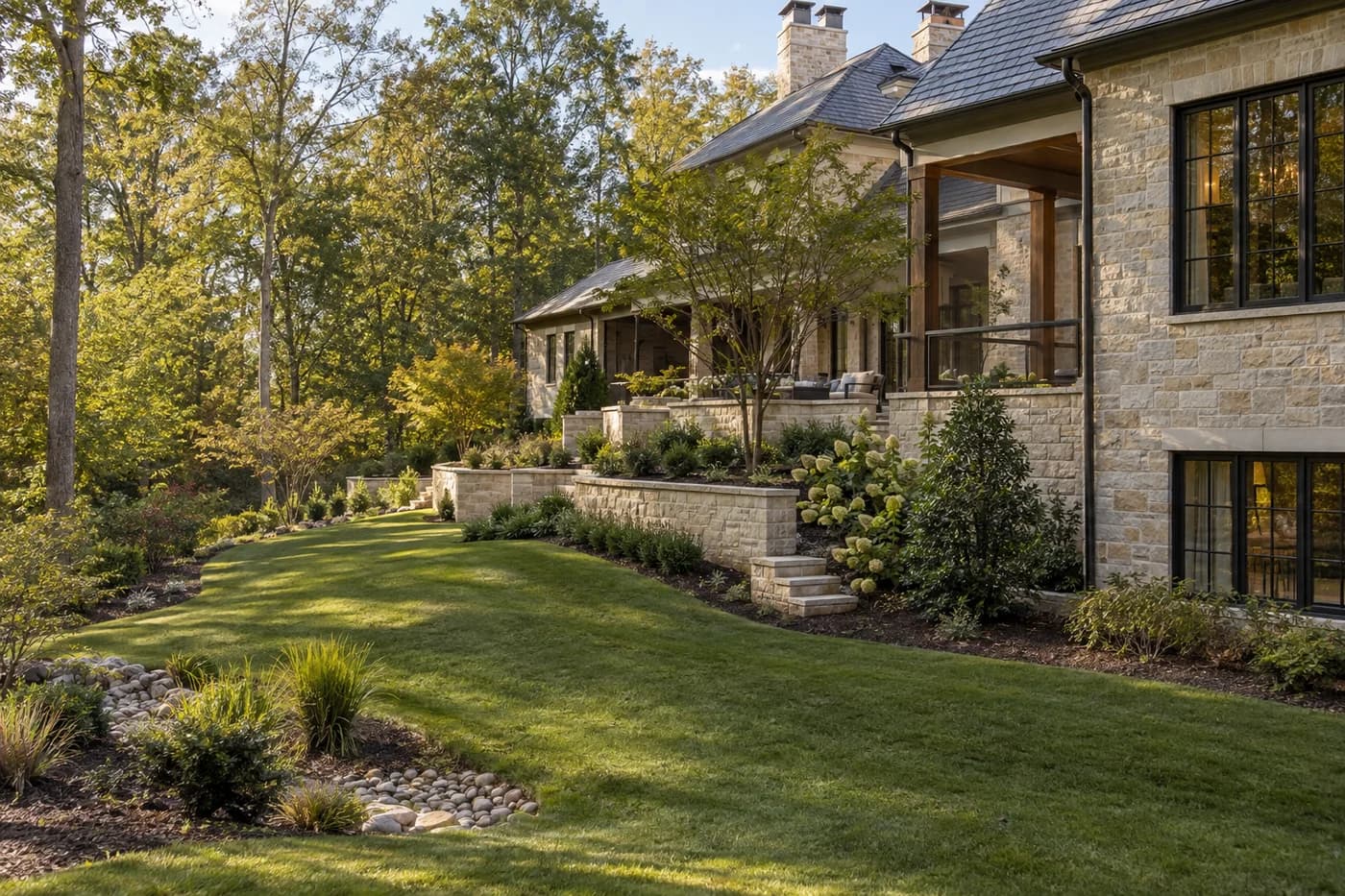 Illustrative luxury custom home stepping carefully with a wooded residential grade