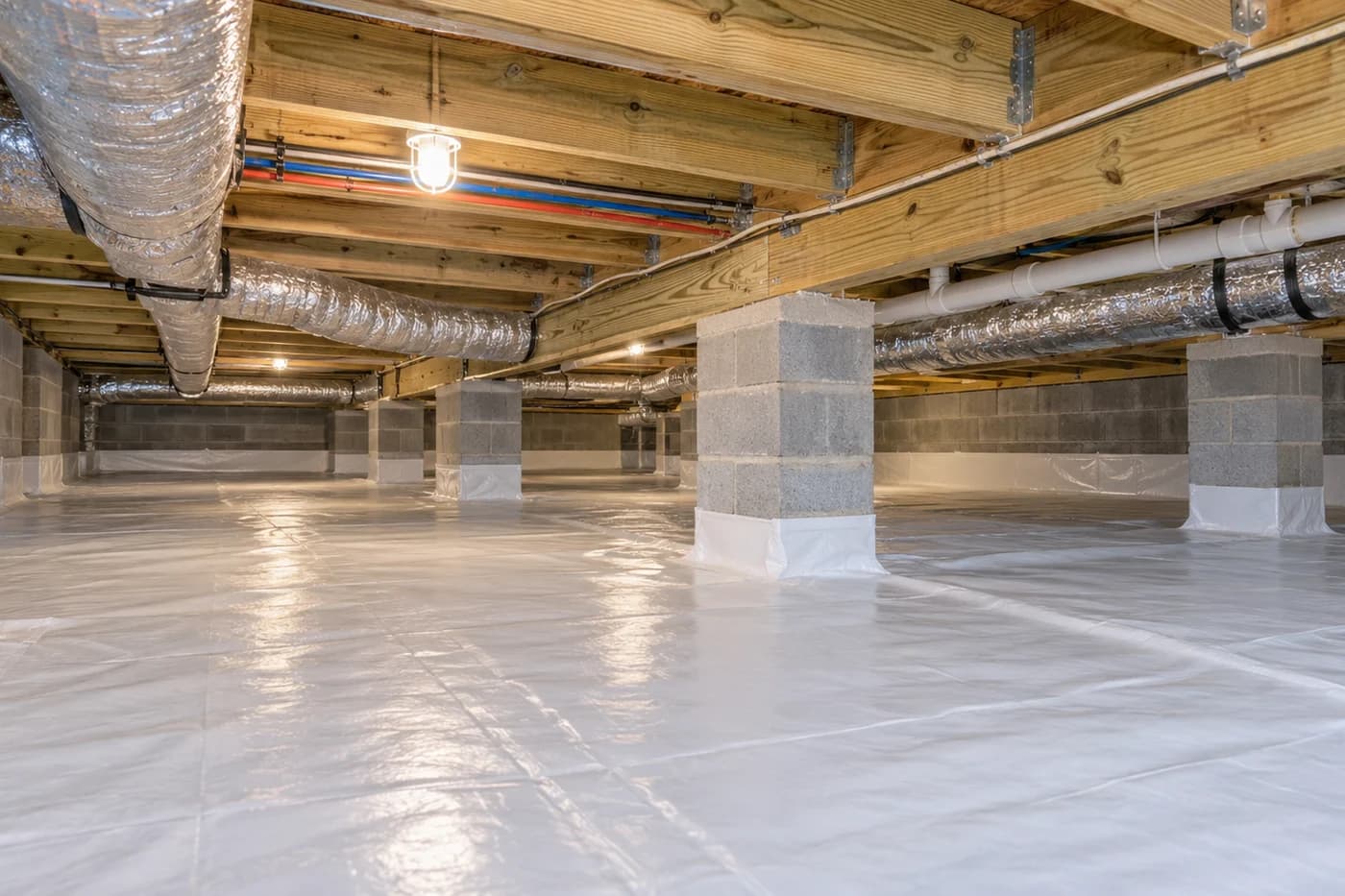 Illustrative clean residential crawlspace with visible masonry piers, orderly framing, and open inspection routes