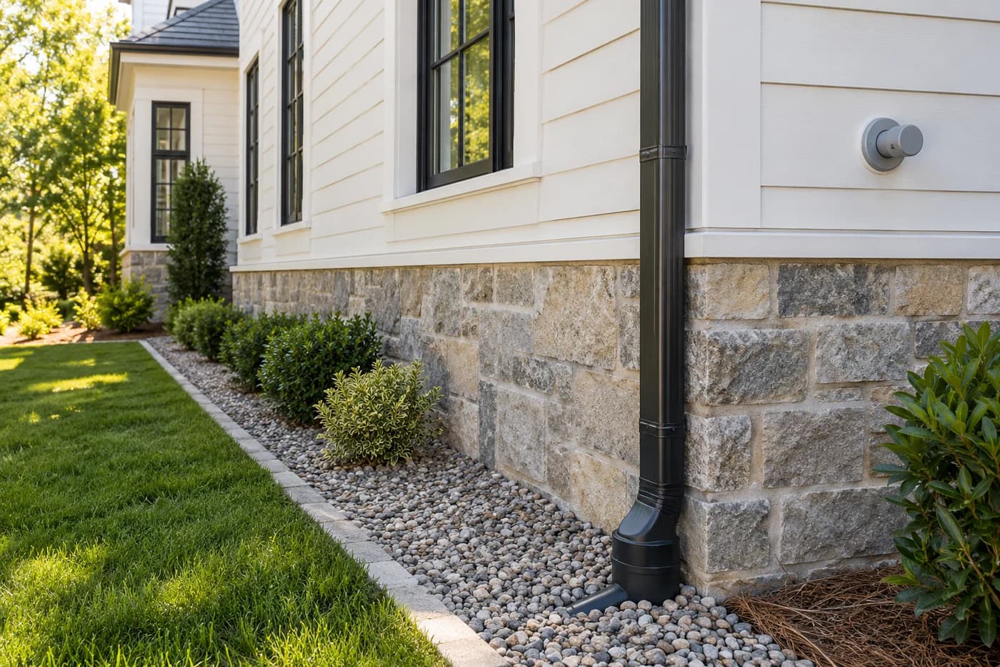 Illustrative custom-home foundation perimeter with visible masonry, a gravel inspection strip, and a downspout connected to drainage