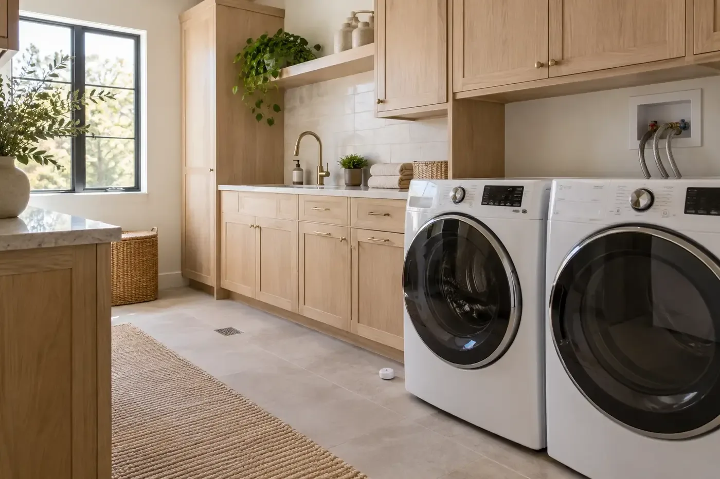 Illustrative luxury laundry room with accessible washer connections, floor drain, and local moisture sensor