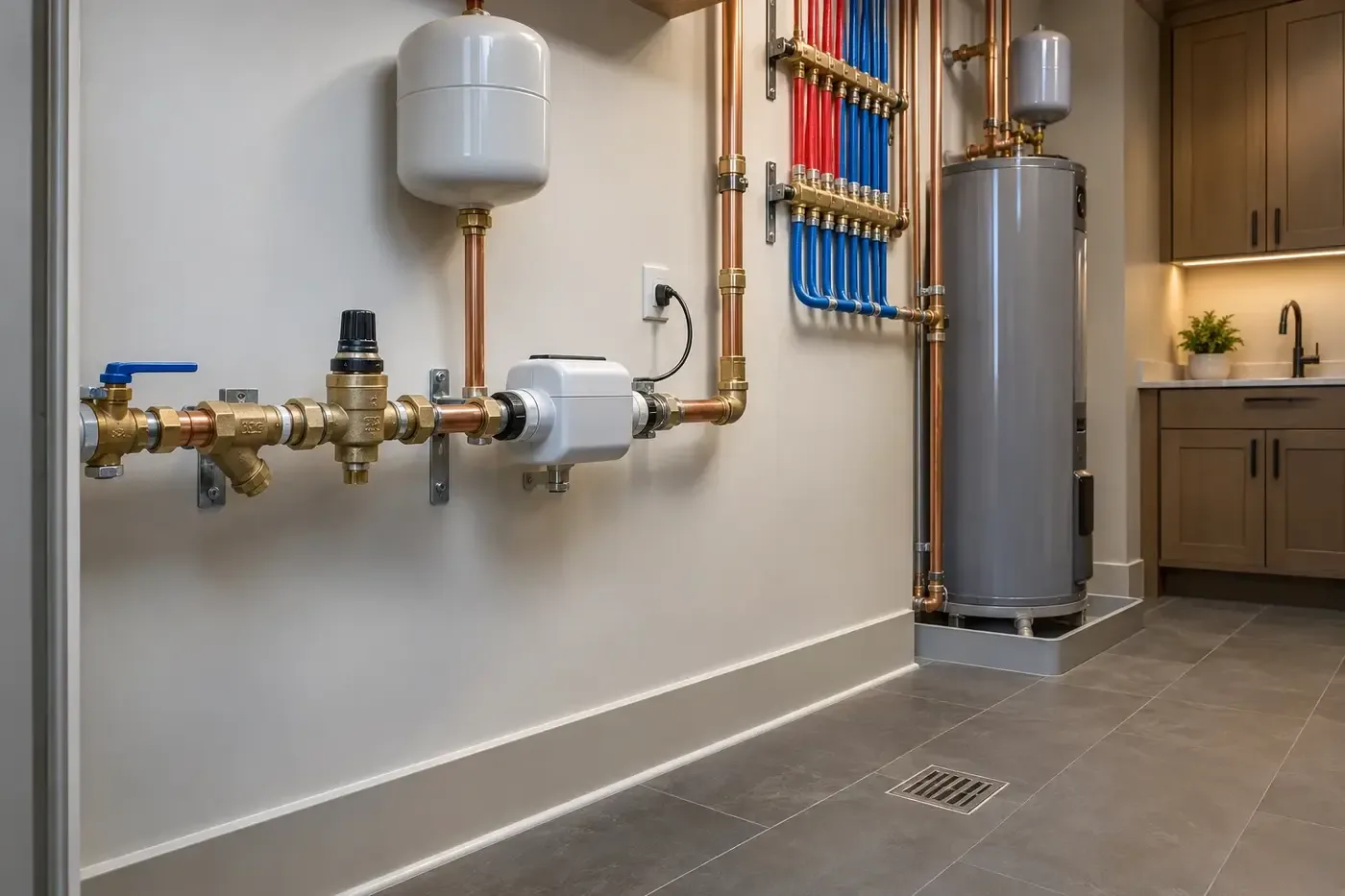 Illustrative custom-home mechanical room with an accessible manual valve and inline water flow monitor