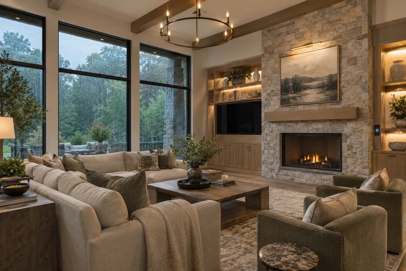 Illustrative luxury great room with integrated lighting, television, and home-control electronics during rain