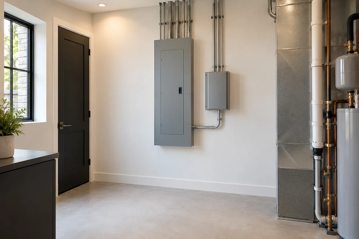 Illustrative custom-home service room with closed electrical panels and accessible equipment clearances