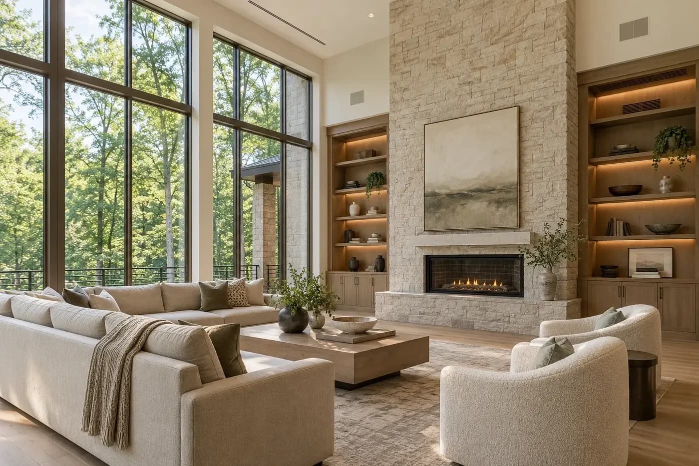 Illustrative luxury custom-home great room with discreet, coordinated ceiling air distribution