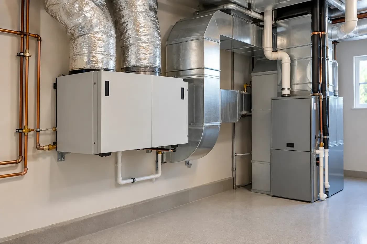 Illustrative custom-home mechanical room with balanced ventilation equipment, organized ducts, and service access