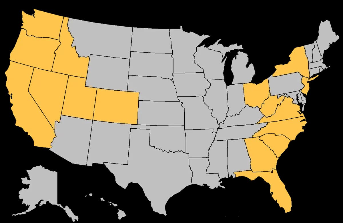 Map of the United States highlighting states where Max Built has completed projects