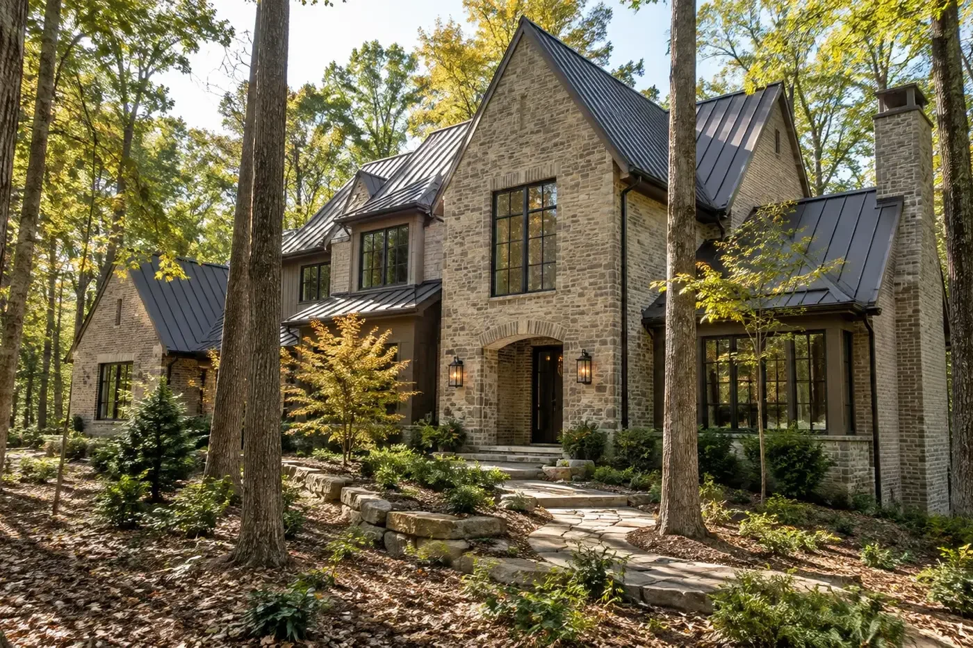 Illustrative luxury custom home carefully integrated with preserved mature woodland