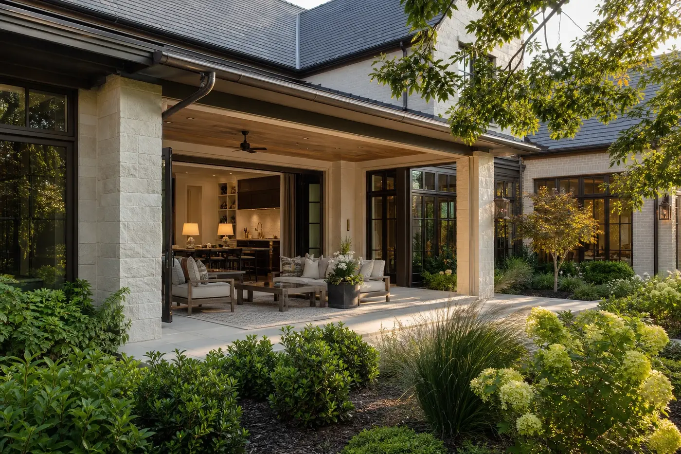 Luxury Charlotte custom home with a covered garden terrace connected to the kitchen and great room
