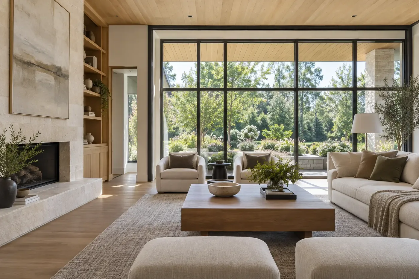 Illustrative luxury custom-home great room with broad garden windows protected by a deep exterior overhang