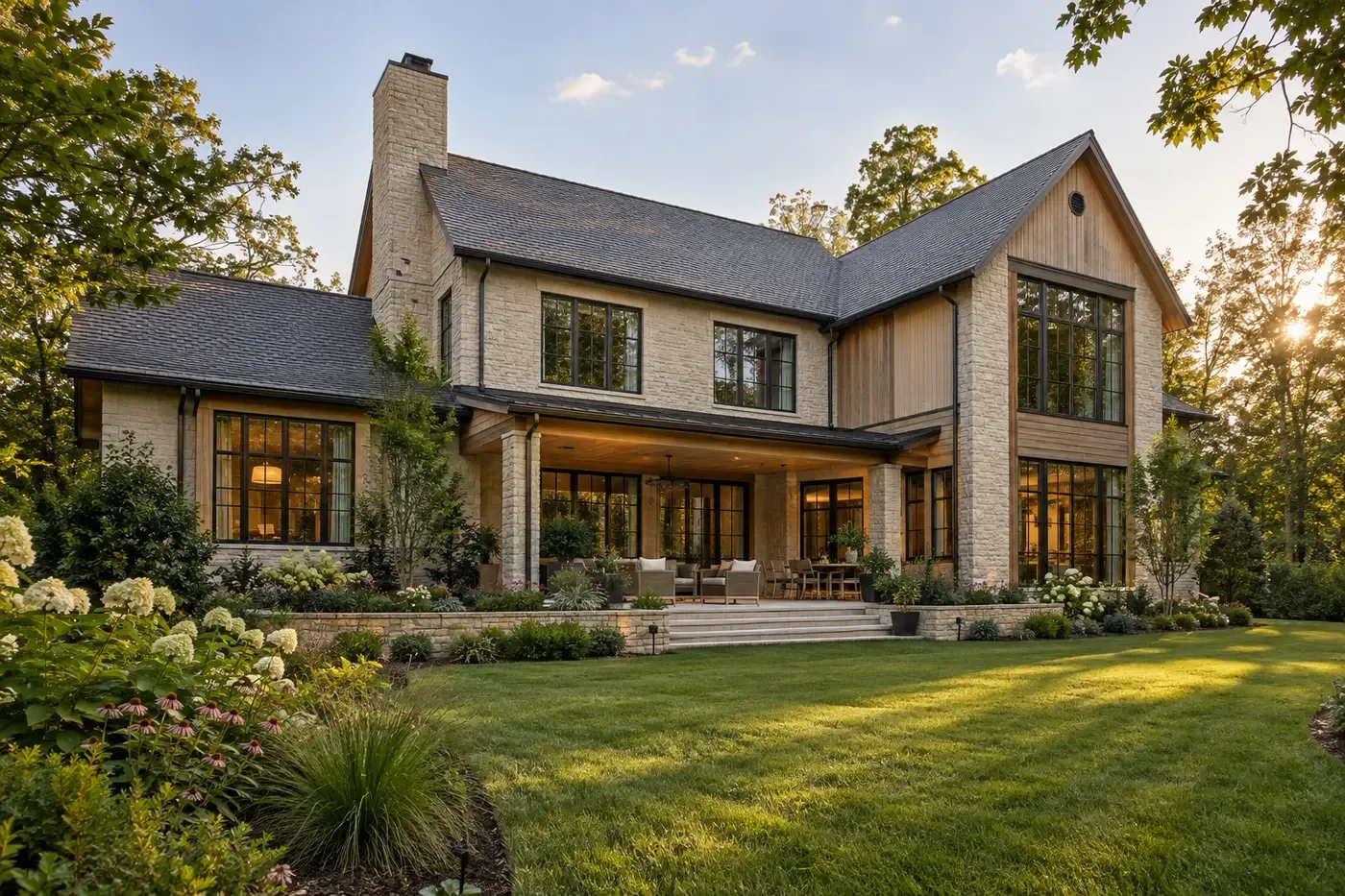 Illustrative Charlotte-area luxury custom home with deep overhangs, shaded windows, and a coordinated exterior envelope