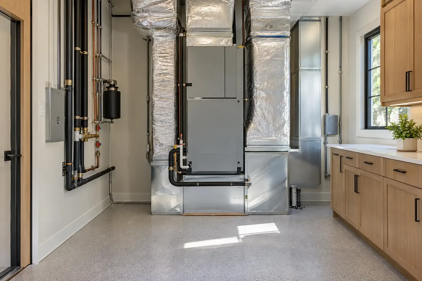 Illustrative luxury custom-home mechanical room with a coordinated air handler, insulated ducts, piping, and service clearances