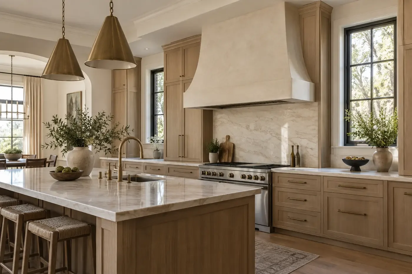 Illustrative luxury kitchen with a range hood aligned beneath a simple ceiling zone for a direct concealed exhaust route