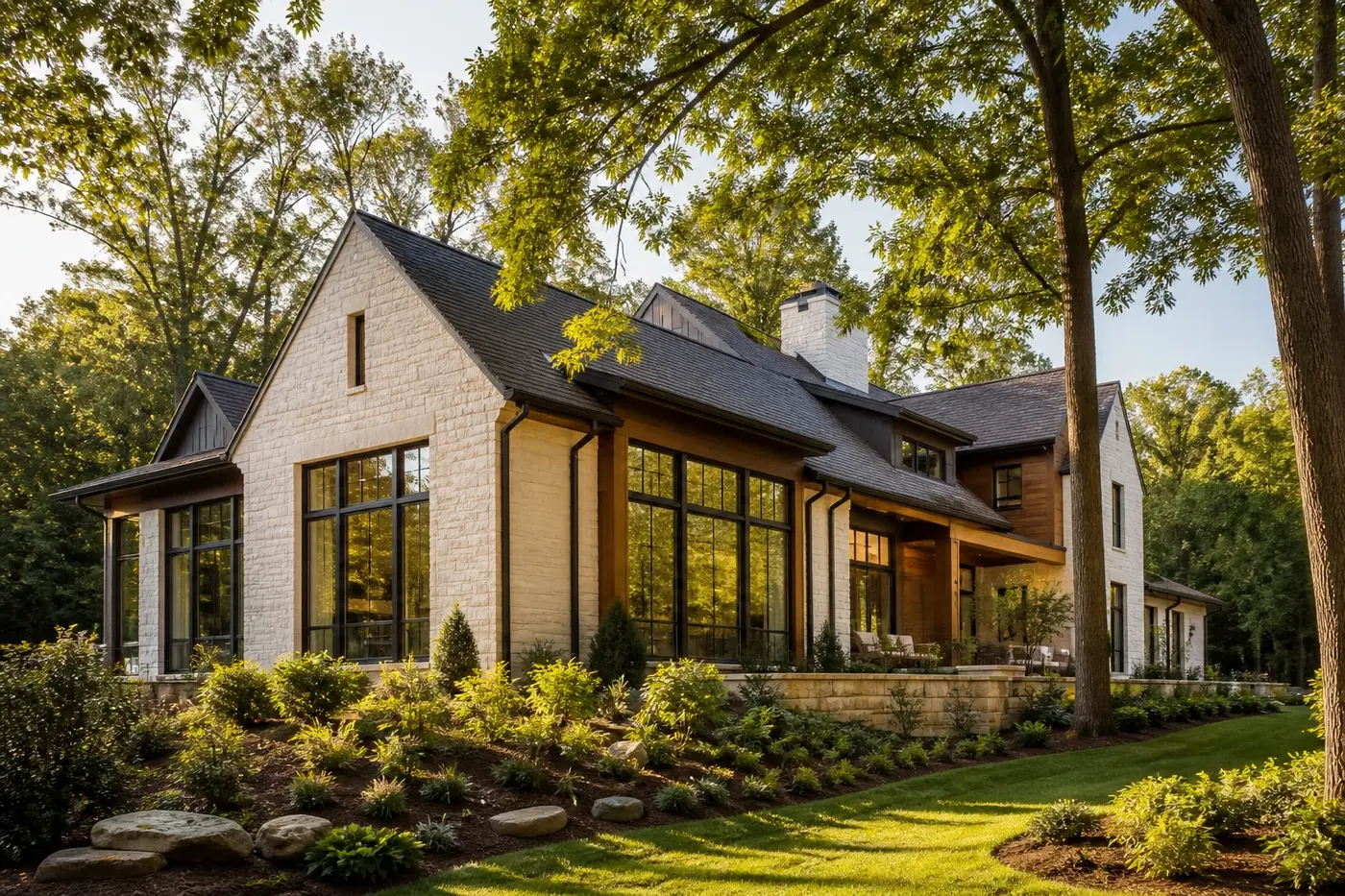 Luxury Charlotte custom home oriented toward mature trees and a private garden with controlled morning light