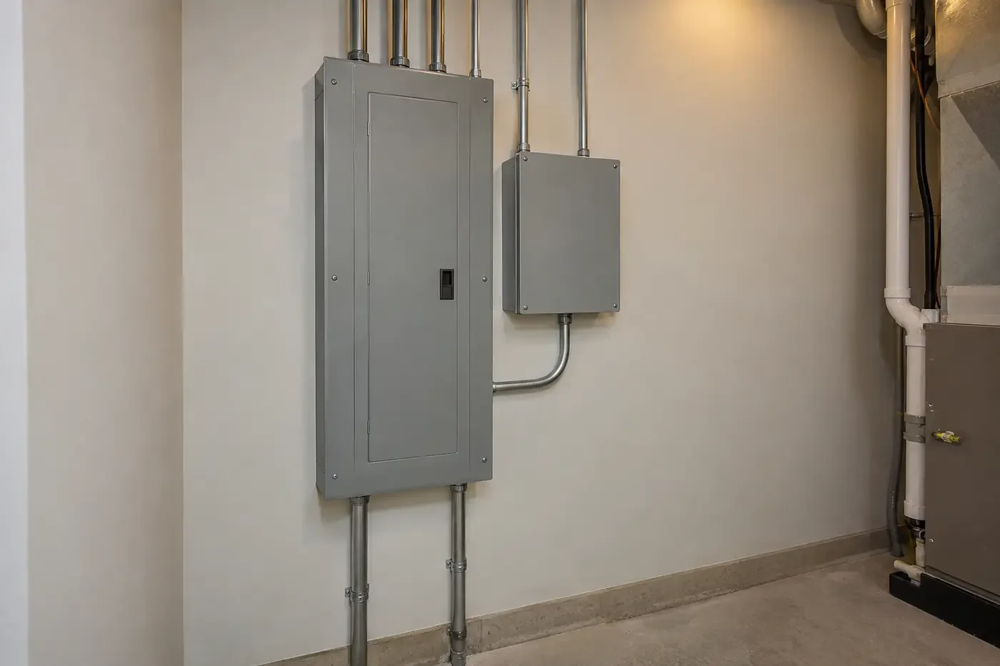 Illustrative residential utility room with a main electrical panel, transfer equipment, and clear service space