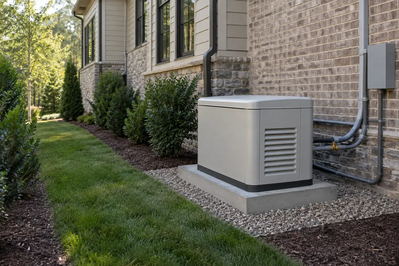 Illustrative permanent standby generator on a raised pad beside a landscaped custom home