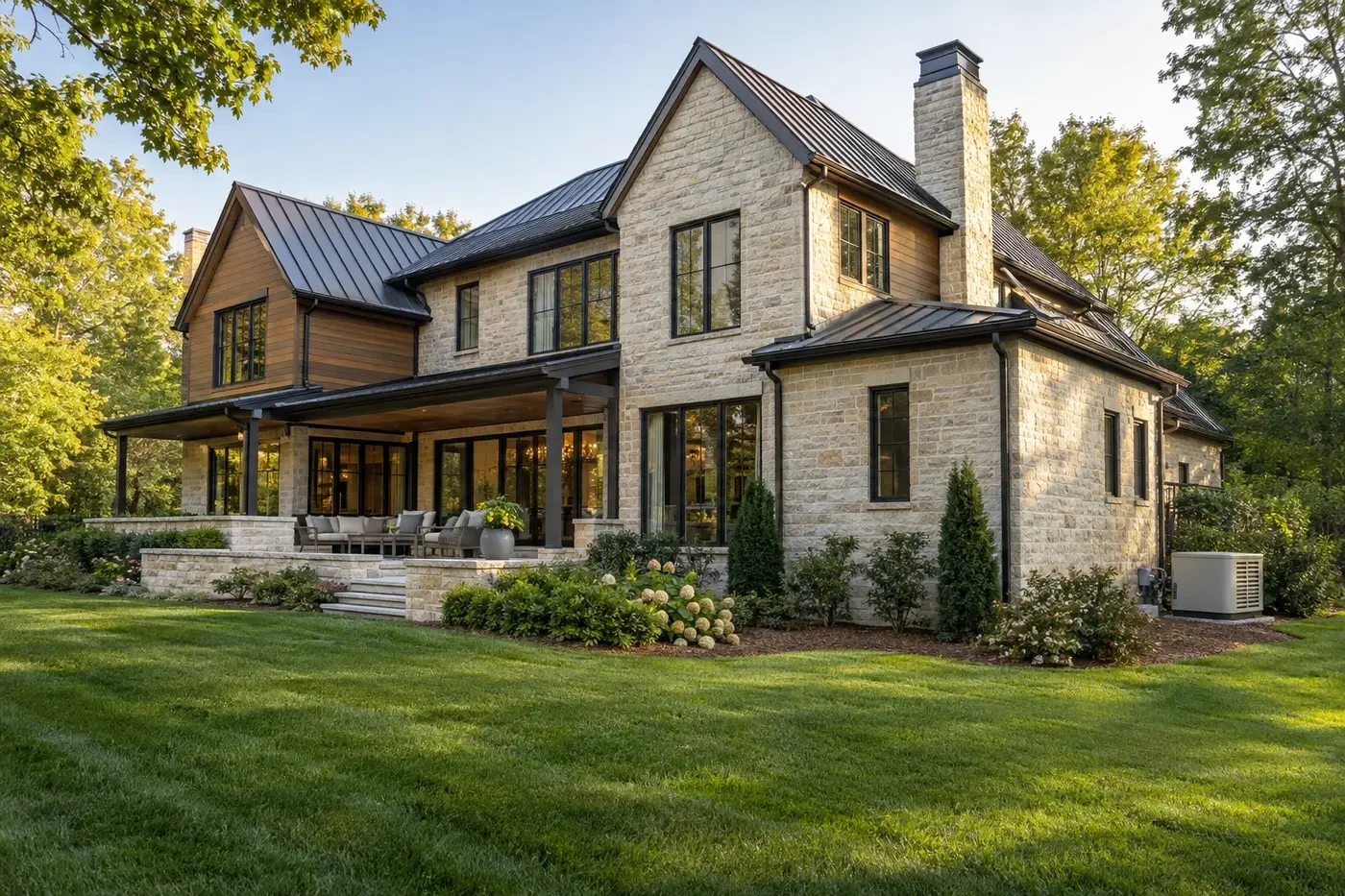 Illustrative luxury custom home with a discreet permanent standby generator planned beside the landscaped rear elevation