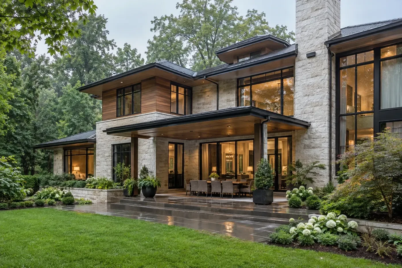 Illustrative luxury Charlotte-area custom home after summer rain with a coordinated roof, walls, windows, and covered terrace
