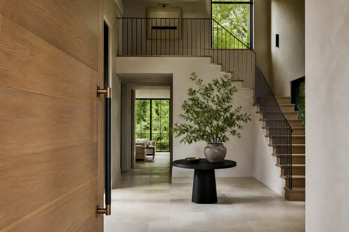 New Charlotte luxury custom-home foyer with a white oak entry door, limestone floor, sculptural staircase, and garden views