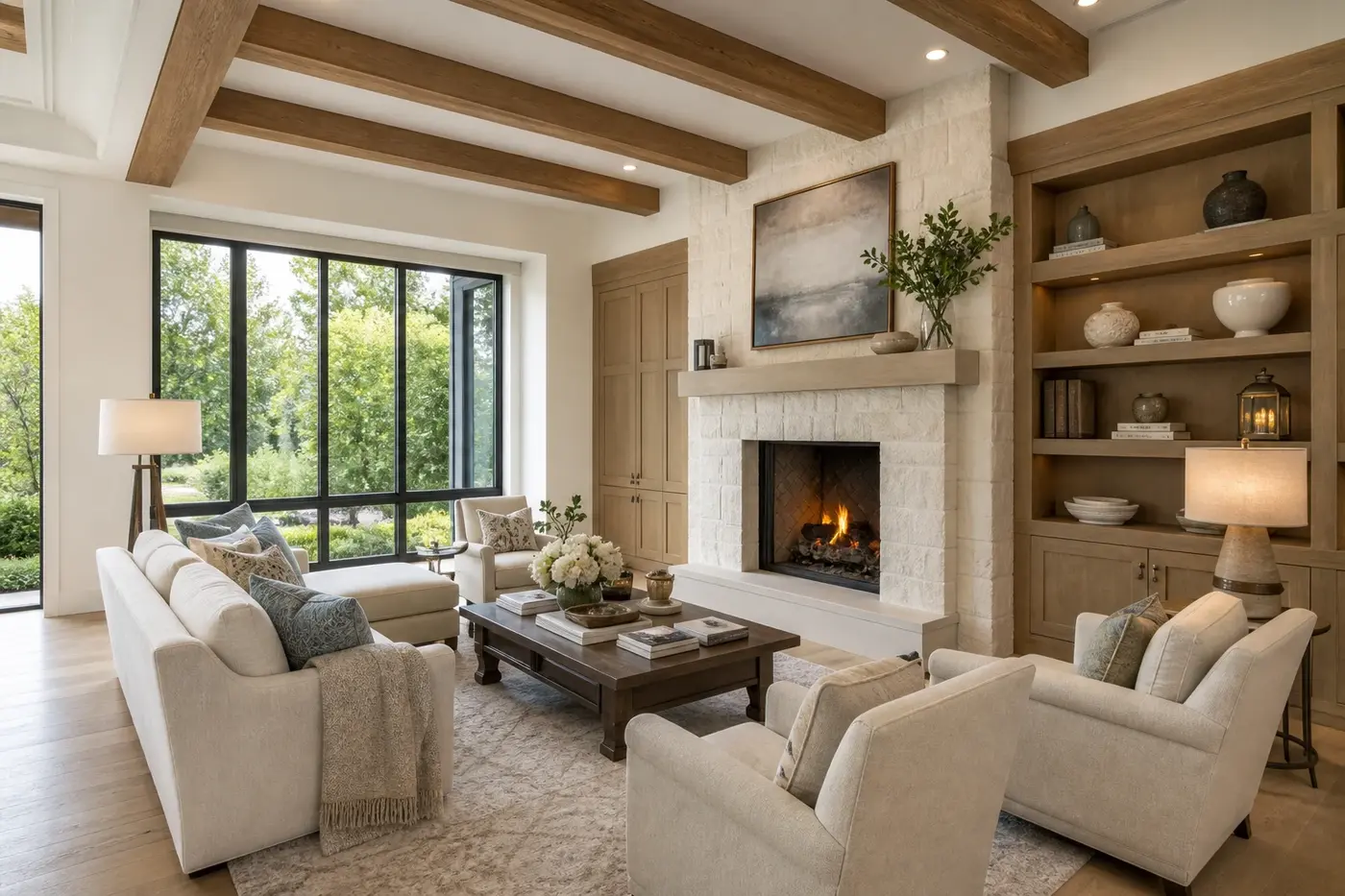 New Charlotte luxury custom-home great room with white oak ceiling beams, a limestone fireplace, garden windows, and comfortable conversation seating