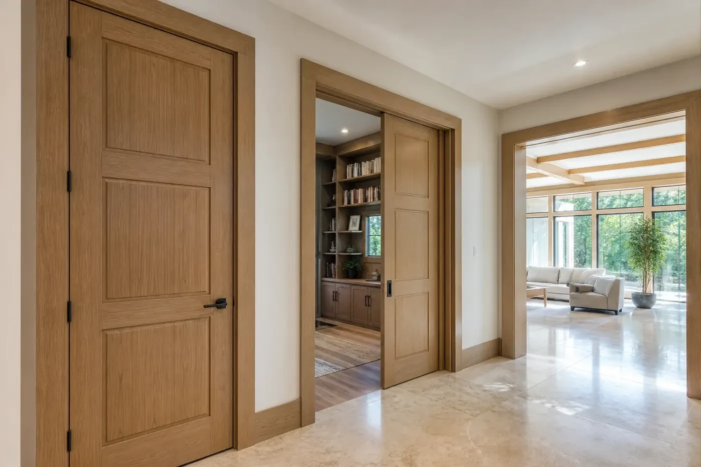 New Charlotte luxury custom-home gallery with coordinated white-oak hinged and pocket interior doors