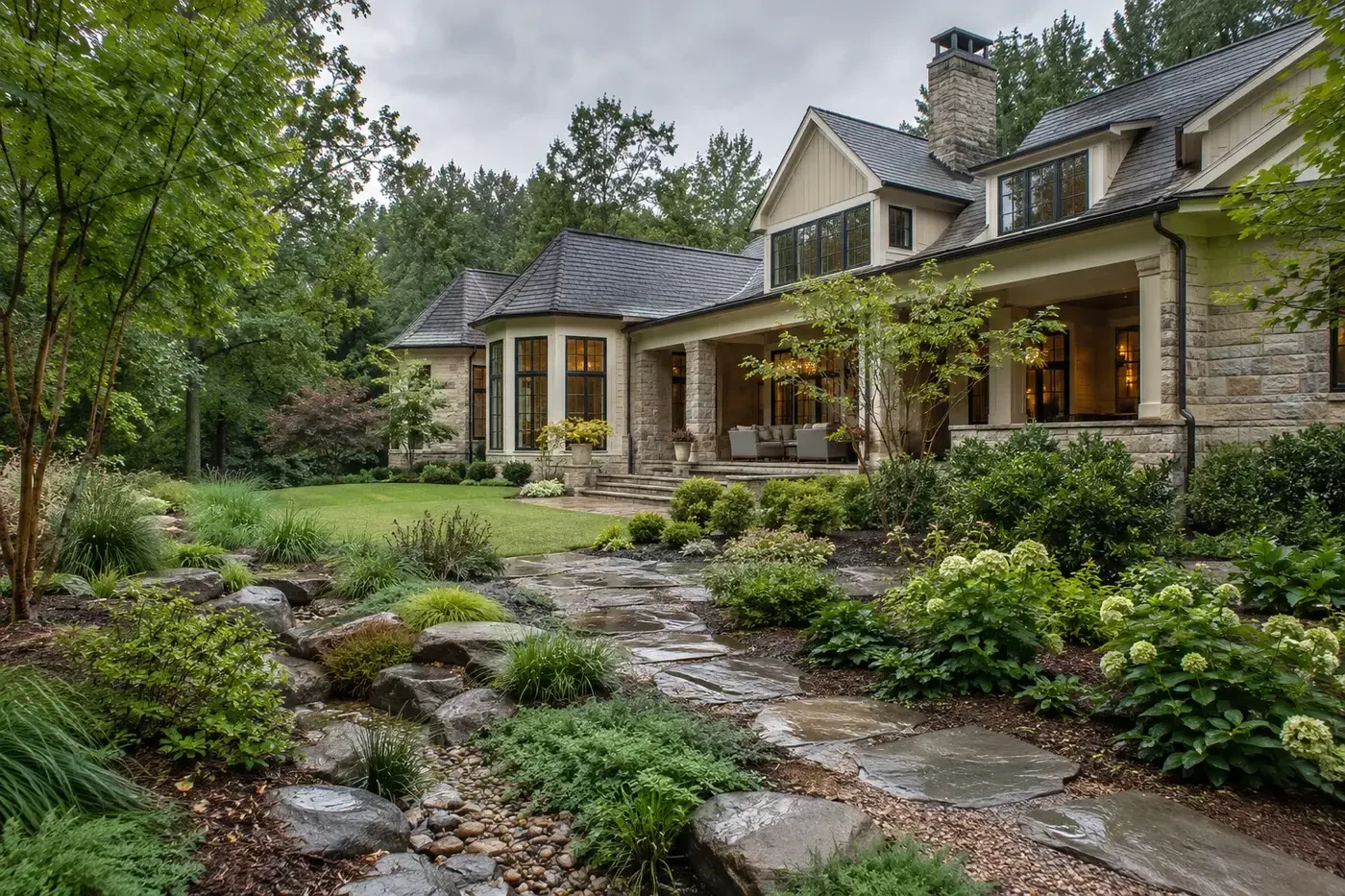 Illustrative luxury custom home with a planted swale, permeable stone path, and coordinated garden grading after rain