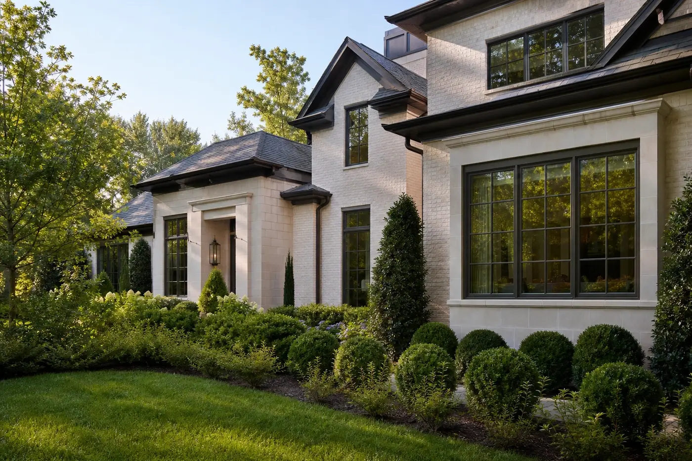 Refined Charlotte custom home with bronze-framed windows, deep roof overhangs, and soft morning light