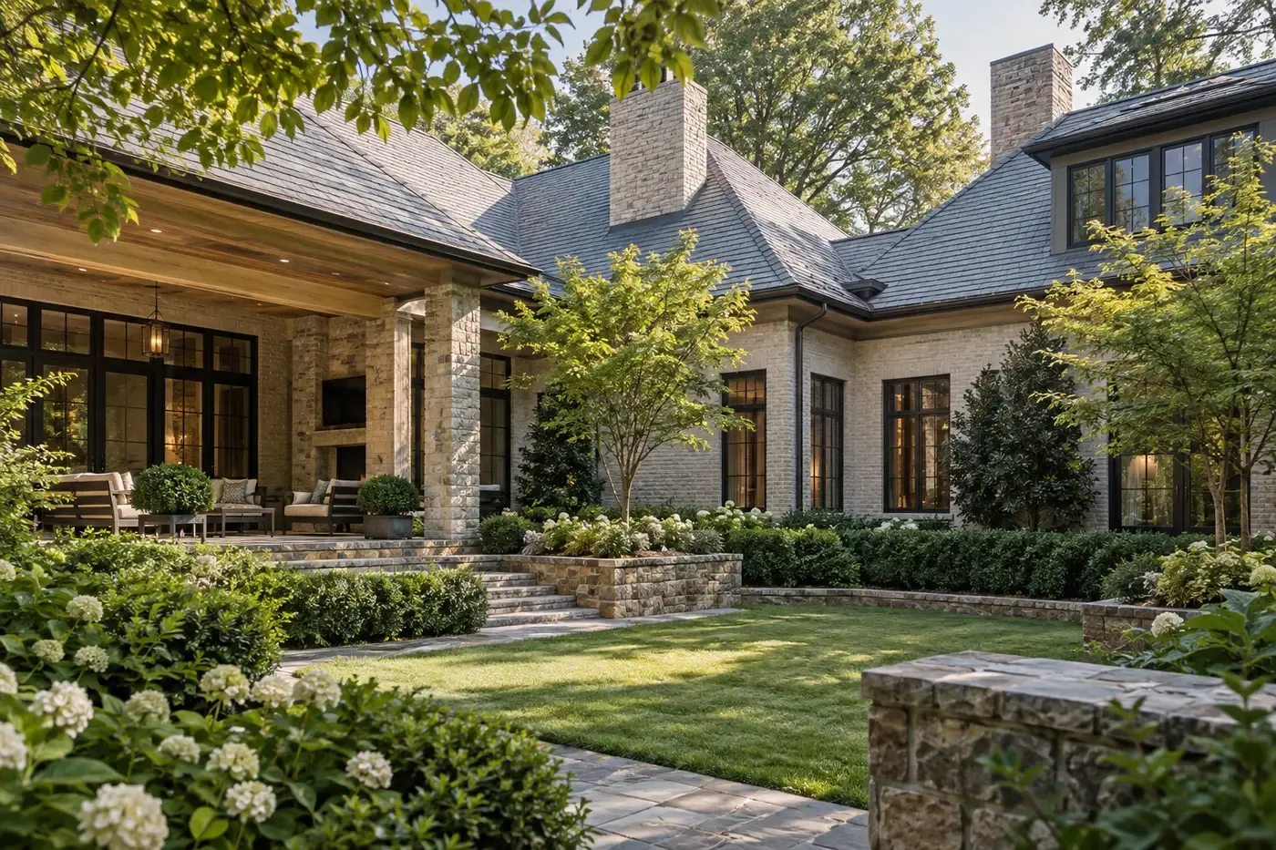 Illustrative Charlotte-area luxury custom home arranged around a sheltered landscaped courtyard