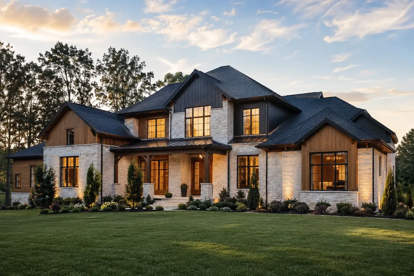 New Charlotte luxury custom home with coordinated stone, natural wood, dark roof, windows, and warm exterior lighting