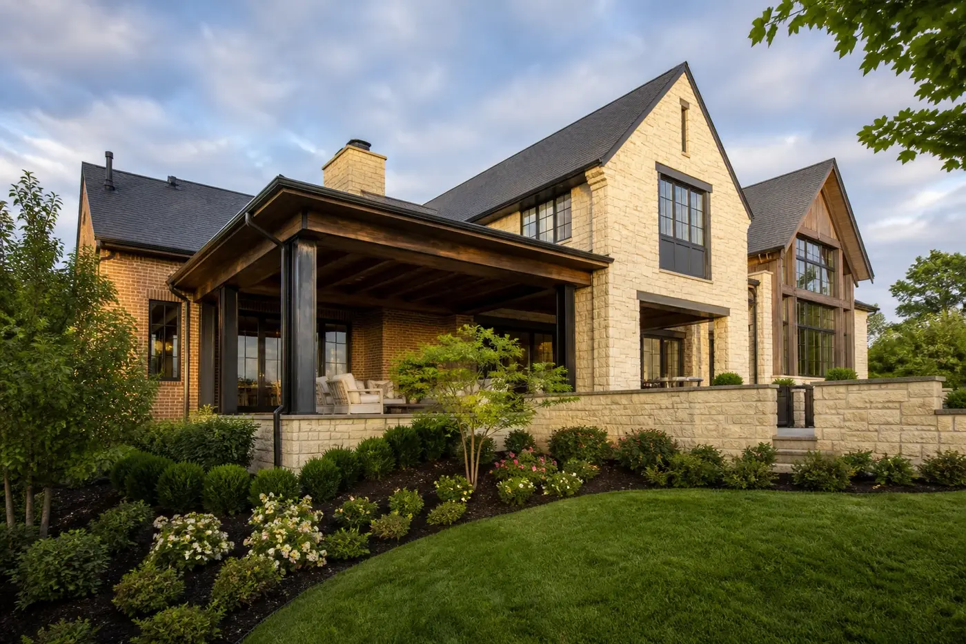 New Charlotte luxury custom home with coordinated rooflines, broad window openings, masonry walls, steel columns, and a timber-framed covered terrace