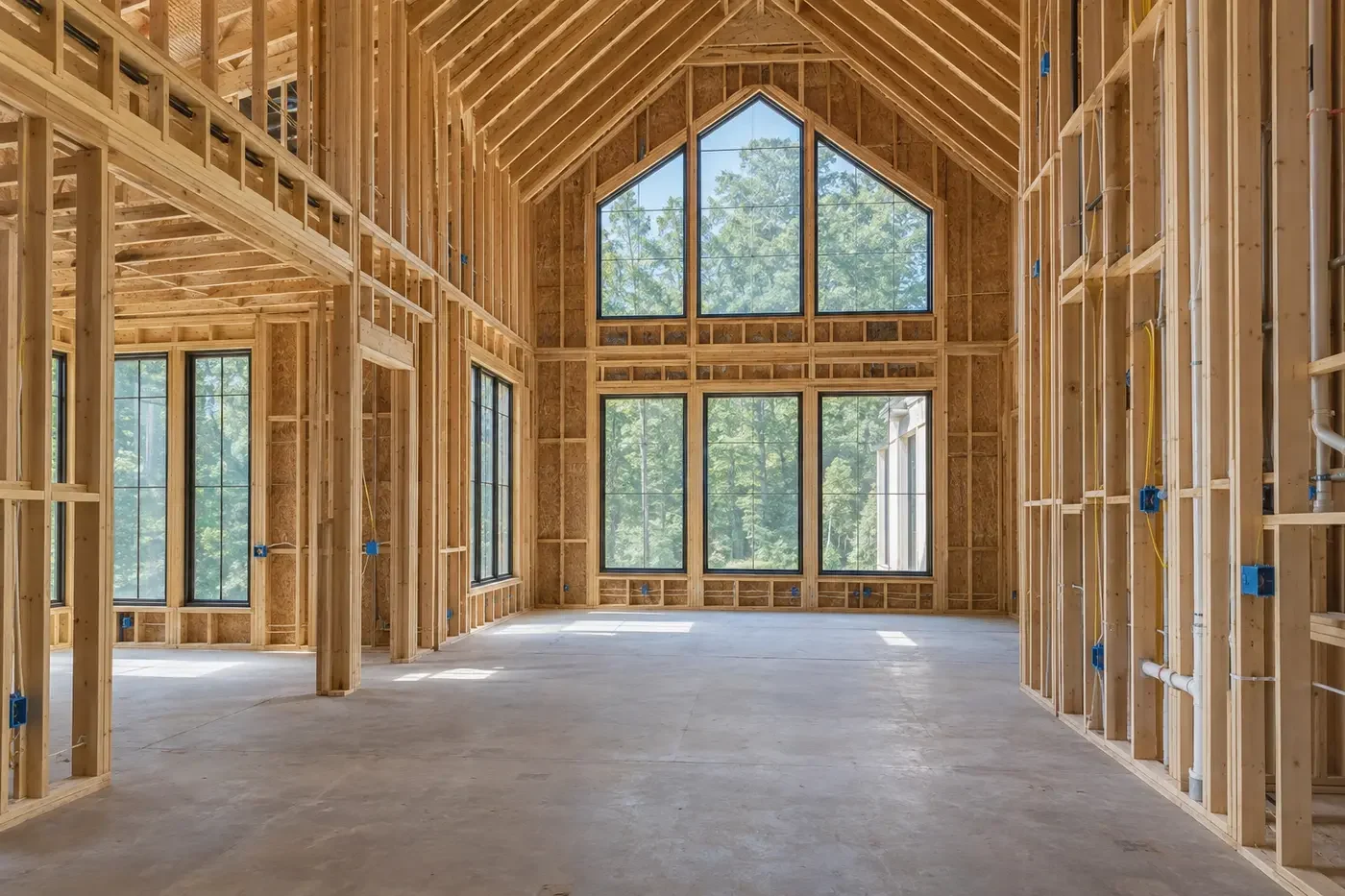 Illustrative luxury custom-home interior with clean framing and coordinated rough-ins before drywall