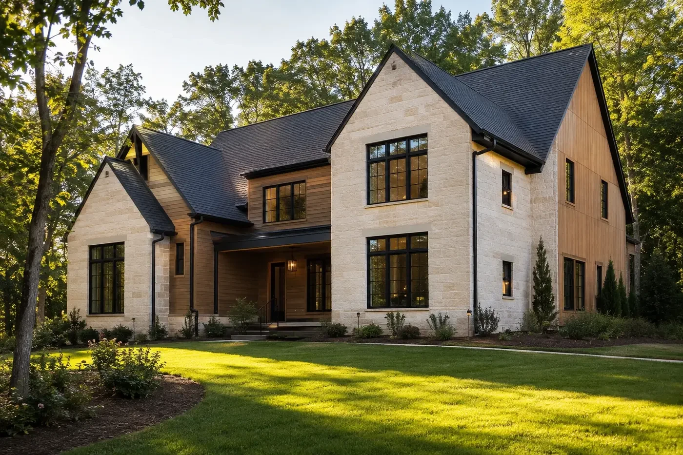 New Charlotte luxury custom home with coordinated roof massing, windows, covered entry, stone, and wood exterior details