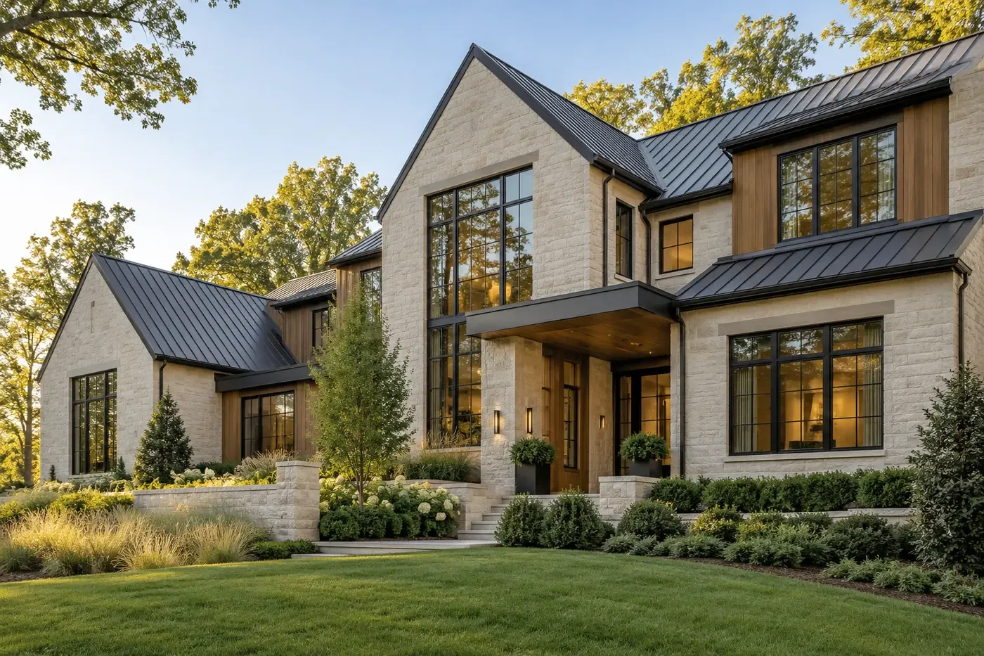 AI-generated representative custom home illustrating coordinated product and fabrication decisions, not a Max Built project