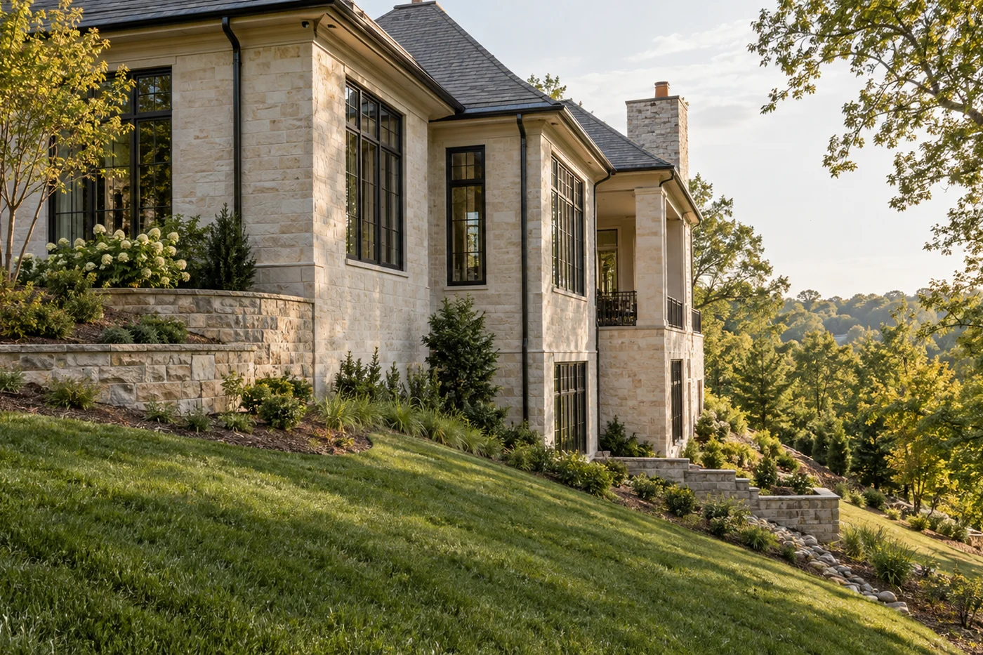 Illustrative luxury custom home coordinated with a sloping Charlotte-area lot and stepped foundation