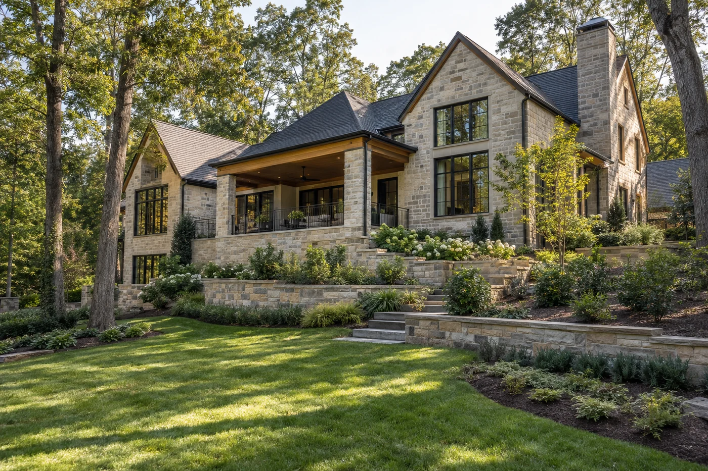 Illustrative luxury custom home carefully integrated with a sloping wooded Charlotte-area lot